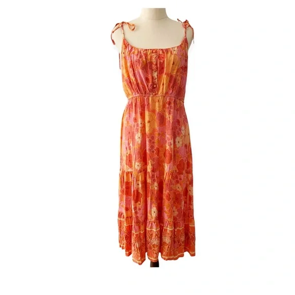 Paper Heart Floral Boho Midi Sleeveless Dress Size 12 Orange Peach - Picture 1 of 6
